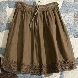 Azwell Cocoa Brown Cotton A-line Skirt Rows of Appliqué Cabbage Roses Ribbon Tie